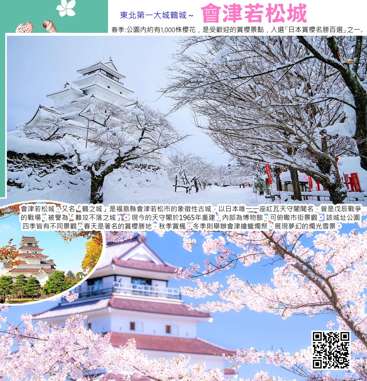 會津若松城，又名「鶴之城」、「若松城」、「會津城」，是位於日本福島縣會津若松市的象徵性古城，以日本唯一一座紅瓦天守閣聞名，曾是戊辰戰爭的戰場，被譽為「難攻不落之城」。 現今的天守閣於1965年重建，內部為博物館，可俯瞰市街景觀。 該城址公園四季皆有不同景觀，春天是著名的賞櫻勝地，秋季賞楓，冬季則舉辦會津繪蠟燭祭，展現夢幻的燭光雪景。 